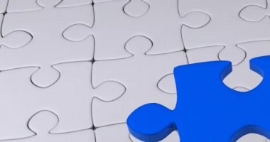 Birden fazla gri yapbozun üzerindeki mavi yapbozun animasyonu. Ulusal bulmaca günü ve dijital olarak üretilen video konsepti.
