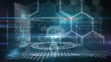 Veri işleme üzerinde dönen DNA iplikçiklerinin canlandırması. küresel bilim, dijital arayüz, teknoloji ve bağlantılar konsepti dijital olarak oluşturulmuş video.
