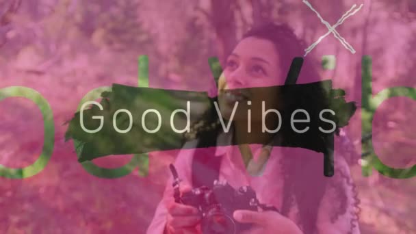 Animation Good Vibes Text African American Woman Taking Photo Social — Stock Video