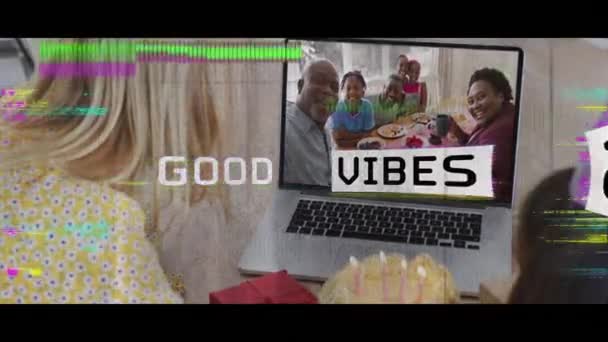Animation Good Vibes Text Caucasian Γυναίκα Που Έχει Βιντεοκλήση Την — Αρχείο Βίντεο