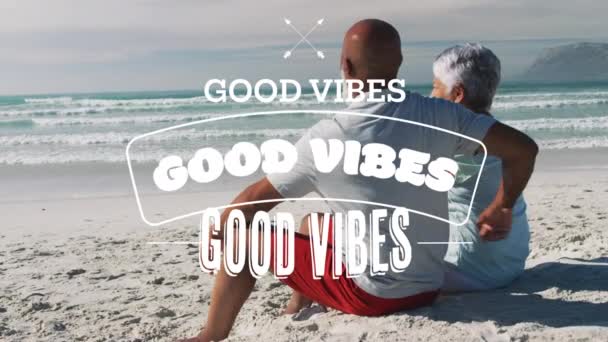 Animation Good Vibes Text Smiling Senior African American Couple Embracing — Stock Video