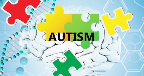 パズルやDna鎖についての自閉症の認識月のテキストのアニメーション 自閉症の認知月とお祝いの概念デジタル生成されたビデオ — ストック動画