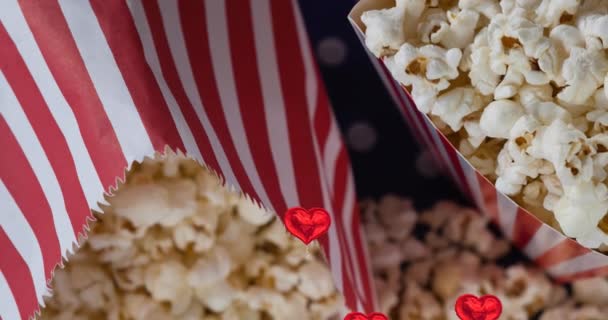 Animation Von Herz Ikonen Über Popcorn Schachteln Popcorn Tag Und — Stockvideo