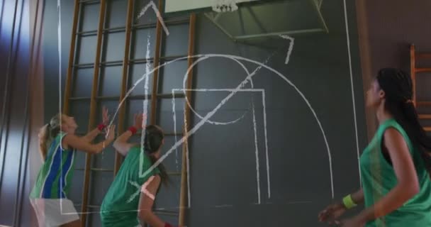 Animation Drawing Game Plan Diverse Female Basketball Players Sports Competition — Stock Video
