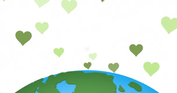 Animation Hjärtan Och Glob Vit Bakgrund Global Miljö Grön Energi — Stockvideo