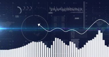 Mavi arka planda finansal veri işleme ve küreye ait görüntü. küresel iş, finans, bağlantılar ve dijital arayüz konsepti dijital olarak oluşturulmuş görüntü.