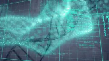 Gri arkaplan üzerinde DNA ipliği ve veri işleme animasyonu. küresel bilim, tıp ve veri işleme kavramı dijital olarak oluşturulmuş video.