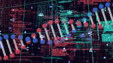 Siyah arkaplan üzerinde DNA ipliği ve veri işleme animasyonu. küresel bilim, tıp ve veri işleme kavramı dijital olarak oluşturulmuş video.