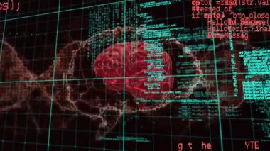 DNA iplikçiklerinin animasyonu, dijital beyin modeli ve kara arkaplan üzerinde veri işleme. küresel bilim, tıp ve veri işleme kavramı dijital olarak oluşturulmuş video.