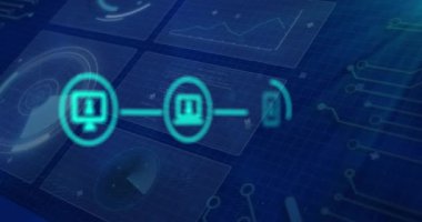 Mavi arkaplanda veri işleme üzerine ortam simgelerinin canlandırılması. küresel iş, finans, bağlantılar ve dijital arayüz konsepti dijital olarak oluşturulmuş video.