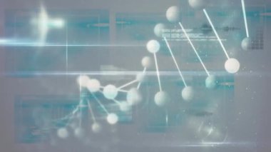 3 boyutlu DNA iplikçiklerinin döndürülmesi, arayüzde ışık ve veri işleme özelliği. küresel tıbbi araştırma teknolojisi ve dijital arayüz konsepti, dijital olarak oluşturulmuş video.