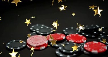 Kara tahtadaki poker fişleri üzerinde hareket eden yıldızların animasyonu. Tehlike ve kumarhane konsepti dijital olarak oluşturulmuş video.
