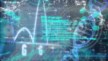 Siyah arkaplan üzerinde DNA ipliği ve veri işleme animasyonu. küresel bilim, tıp ve veri işleme kavramı dijital olarak oluşturulmuş video.