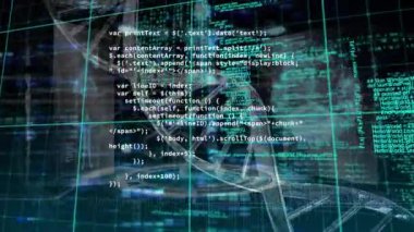 Siyah arkaplan üzerinde DNA ipliği ve veri işleme animasyonu. küresel bilim, tıp ve veri işleme kavramı dijital olarak oluşturulmuş video.