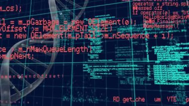 Siyah arkaplan üzerinde DNA ipliği ve veri işleme animasyonu. küresel bilim, tıp ve veri işleme kavramı dijital olarak oluşturulmuş video.