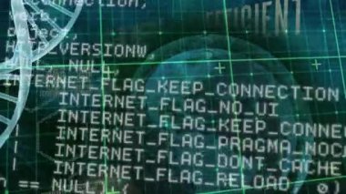 Siyah arkaplan üzerinde DNA ipliği, küre ve veri işleme animasyonu. küresel bilim, tıp ve veri işleme kavramı dijital olarak oluşturulmuş video.