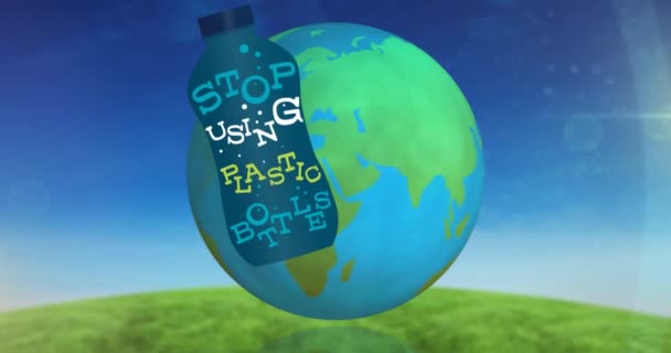 Анимация Прекратить Использование Пластиковых Бутылок Текст Бутылку Глобус Глобальная Окружающая — стоковое видео