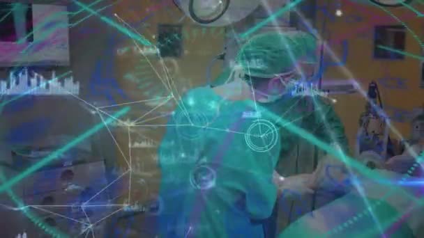 在不同的外科医生上动画连接网络和扫描范围 全球医学 医疗保健和技术概念数码视频 — 图库视频影像