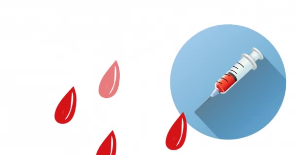 Animação Gotas Sangue Vacina Sobre Fundo Branco Ambiente Global Energia — Vídeo de Stock