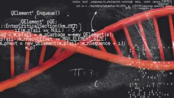 Animation Von Dna Strängen Mathematischen Gleichungen Und Datenverarbeitung Auf Schwarzem — Stockvideo