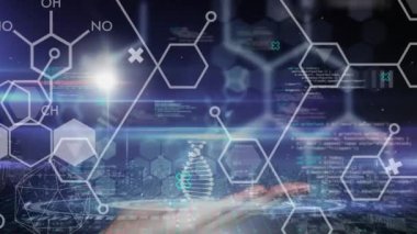 Siyah arkaplan üzerinde DNA ipliği ve veri işleme animasyonu. Küresel bilim, tıp ve veri işleme kavramı dijital olarak üretilmiş video. Bl üzerinden DNA ipliği ve veri işleme animasyonu