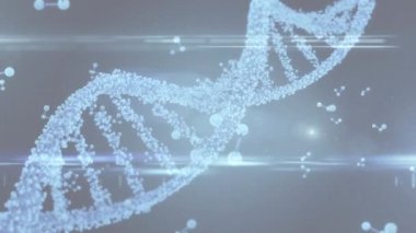 Gri üzerinde ışıklar ve yüzen moleküler yapılarla dönen 3D DNA iplikçiklerinin animasyonu. küresel tıbbi araştırma teknolojisi ve dijital arayüz konsepti, dijital olarak oluşturulmuş video.
