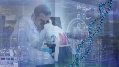 Çift ırklı erkek doktor üzerinde DNA ipliği ve veri işleme animasyonu. küresel tıp, sağlık ve teknoloji konsepti dijital olarak üretilen video.