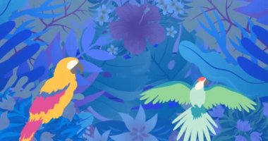 Bitkilerin üzerindeki renkli papağanların animasyonu. küresel çevre, yeşil enerji ve dijital arayüz konsepti dijital olarak oluşturulmuş video.