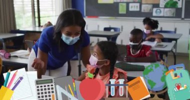 Çeşitli okul çocukları ve yüz maskesi takan öğretmenlerin okul eşyaları ikonlarının canlandırılması. covid 19 salgını sırasında dijital olarak üretilen video konsepti sırasında eğitim, öğrenme ve geliştirme.