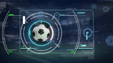 Stadyumdaki futbol maçında veri işleme animasyonu. Spor ve yarışma konsepti dijital olarak oluşturulmuş video.