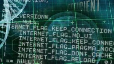 Siyah arkaplan üzerinde DNA ipliği, küre ve veri işleme animasyonu. küresel bilim, tıp ve veri işleme kavramı dijital olarak oluşturulmuş video.