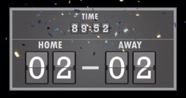 Siyah arka planda konfetilerin skorborda düşüşünün animasyonu. Spor ve yarışma konsepti dijital olarak oluşturulmuş video.