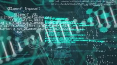 Siyah arkaplan üzerinde DNA ipliği ve veri işleme animasyonu. küresel bilim, tıp ve veri işleme kavramı dijital olarak oluşturulmuş video.