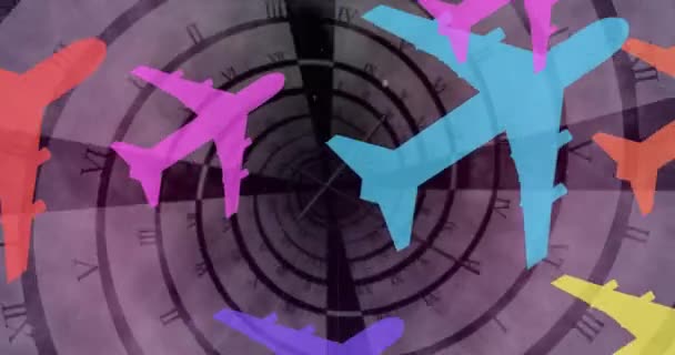 Κινούμενο Σχέδιο Εικονίδια Αεροπλάνο Πάνω Σπιράλ Γκρι Φόντο Παγκόσμιο Περιβάλλον — Αρχείο Βίντεο