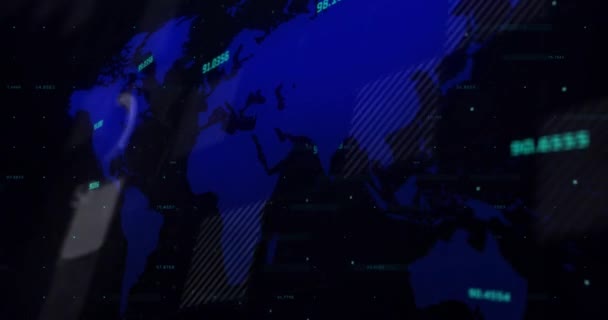 Анімація Світової Карти Обробка Фінансових Даних Чорному Тлі Глобальний Бізнес — стокове відео