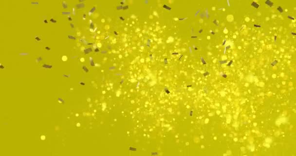 Animação Confetes Dourados Manchas Caindo Sobre Fundo Amarelo Festa Celebração — Vídeo de Stock