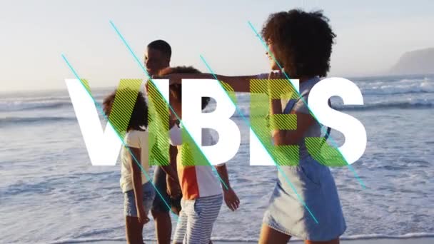 Animation Von Vibes Text Über Afrikanisch Amerikanische Mutter Mit Tanzenden — Stockvideo
