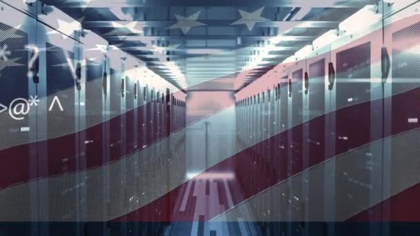 Animación Bandera Estados Unidos América Procesamiento Datos Través Servidores Informáticos — Vídeos de Stock
