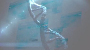 Arayüzde ışık ve veri işleme ile 3D DNA ipliğinin döndürülmesi. küresel tıbbi araştırma teknolojisi ve dijital arayüz konsepti, dijital olarak oluşturulmuş video.