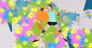 Kafkas kadın hentbolcunun renkli lekelerin üzerinde topu tutuşu animasyonu. Spor ve yarışma konsepti dijital olarak oluşturulmuş video.
