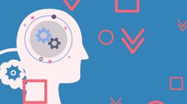 Mavi arka planda kafa siluetleri, ampul ve şekillerin animasyonu. eğitim, öğrenme ve geliştirme konsepti dijital olarak oluşturulmuş video.