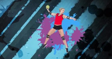 Kafkas kadın hentbolcunun mavi çizgilerin üzerinde topu tutuşu animasyonu. Spor ve yarışma konsepti dijital olarak oluşturulmuş video.