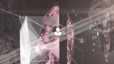 Siyah arkaplanda medya simgeleriyle bağlantı ağının canlandırılması. küresel iş, finans, bağlantılar ve dijital arayüz konsepti dijital olarak oluşturulmuş video.