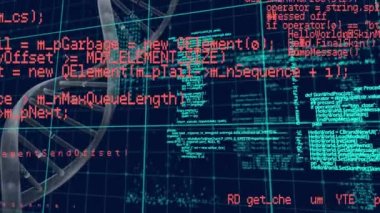 Siyah arkaplan üzerinde DNA ipliği ve veri işleme animasyonu. küresel bilim, tıp ve veri işleme kavramı dijital olarak oluşturulmuş video.