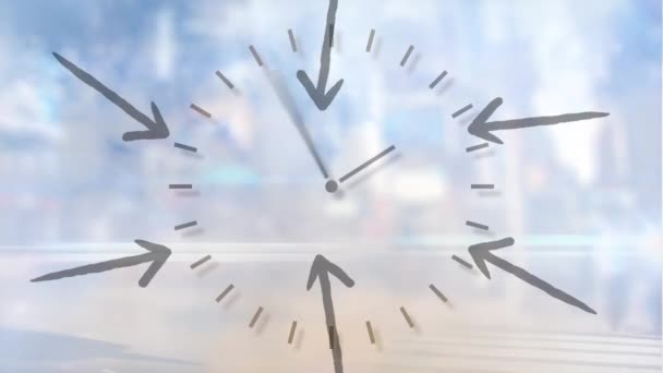 Animación Flechas Reloj Sobre Paisaje Urbano Negocio Global Finanzas Interfaz — Vídeos de Stock