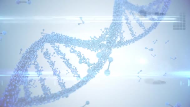 Animering Roterande Dna Strand Med Ljus Och Flytande Molekylära Strukturer — Stockvideo