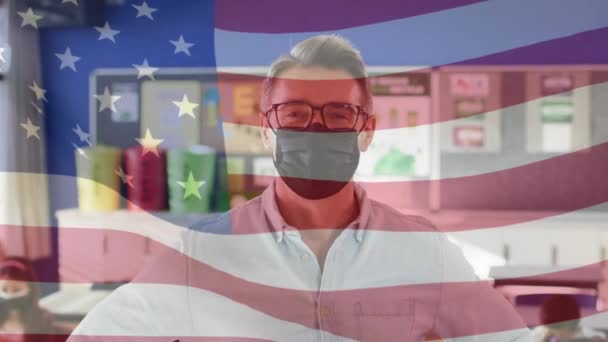 Animation Flag United States America Caucasian Male Teacher Face Mask — Stock Video