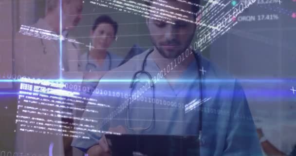 Animáció Bináris Kódolás Különböző Orvosok Globális Orvostudomány Egészségügy Technológia Koncepció — Stock videók