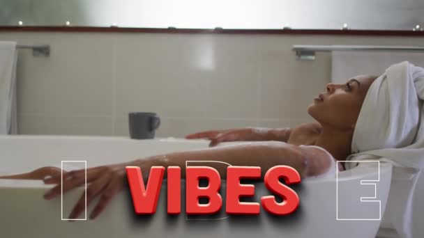 Animation Vibes Text African American Woman Taking Bath Social Media — Stock Video