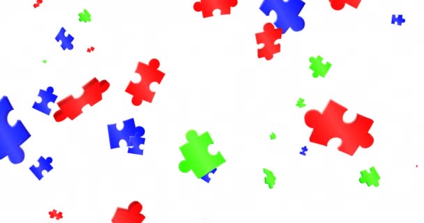 Animacja Kolorowych Kawałków Układanki Spadających Białe Tło Narodowy Dzień Puzzle — Wideo stockowe